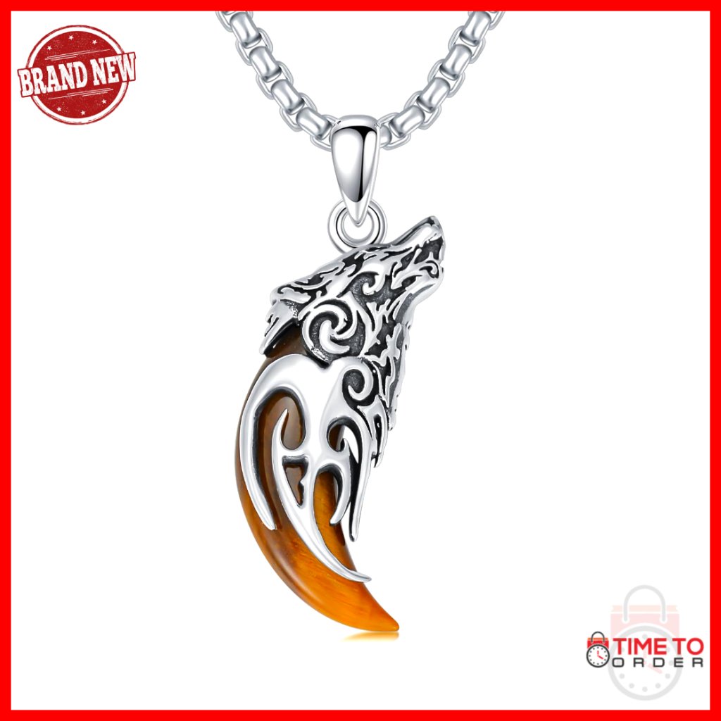Sterling Silver Wolf Tooth Pendant Necklace With Tiger Eye Stone